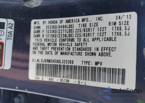 2013 Honda Cr-V Ex z USA, uszkodzony, nr VIN 5J6RM3H58DL033369